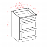 Image: 3DB27 - White Shaker - Three Drawer Base Cabinet - 27"W x 34-1/2"H x 24"D -3DR