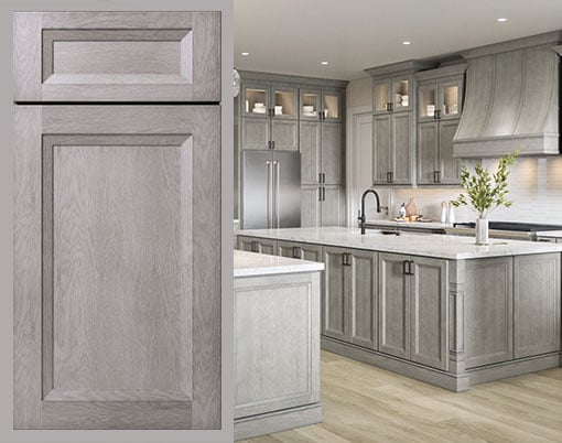 Moonlit Mist Classic Flat Panel Styling in a Trending Light Gray Stain.
