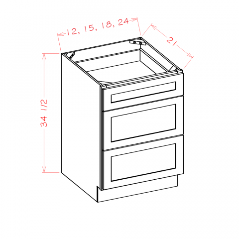 3VDB12 - Navy Shaker - Three Drawer Vanity Base Cabinet - 12"W x 34-1/2"H x 21"D -3DR