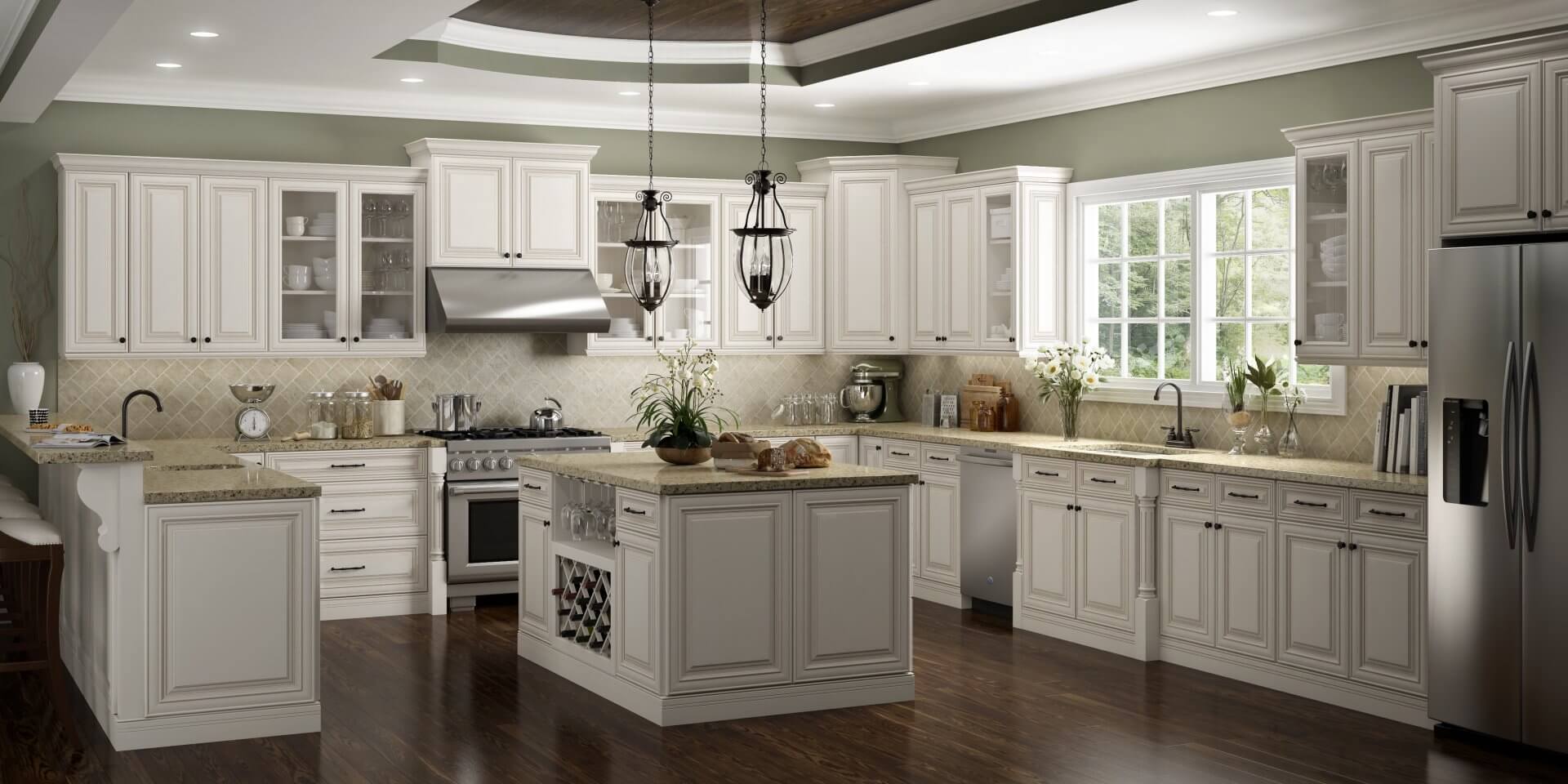 Creatice White Glazed Kitchen Cabinets for Large Space