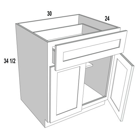 B30S - White Shaker - Double Door Single Drawer Base Cabinet - 30"W x 34-1/2"H x 24"D -2D-1DR-1S