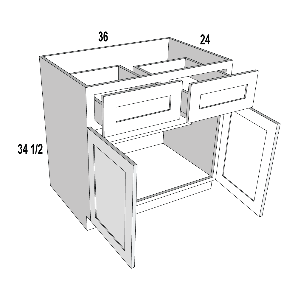 B36 - Black Shaker - Double Door Double Drawer Base Cabinet - 36W x  34-1/2H x 24D -2D-2DR-1S