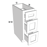 3DB12 - Feather Gray - Three Drawer Base Cabinet - 12"W x 34-1/2"H x 24"D -3DR