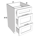 3DB21 - Stellar White - Three Drawer Base Cabinet - 21"W x 34-1/2"H x 24"D -3DR