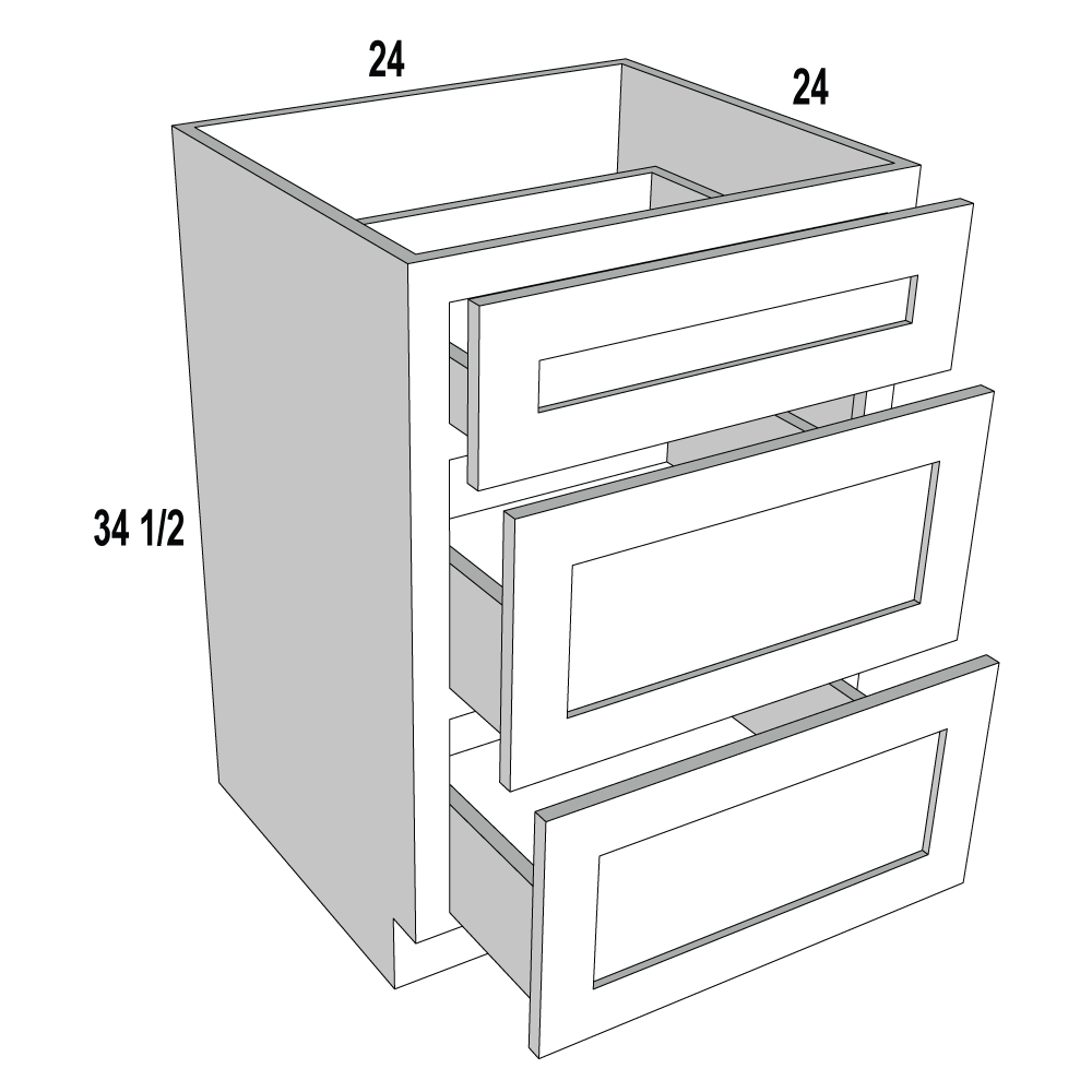 Kitchen Drawer Base Cabinet | Unfinished Poplar | Shaker Style | 24 in | 3  Drawer