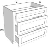 3DB36 - Moonlit Mist -  Three Drawer Base Cabinet - 36"W x 34-1/2"H x 24"D -3DR