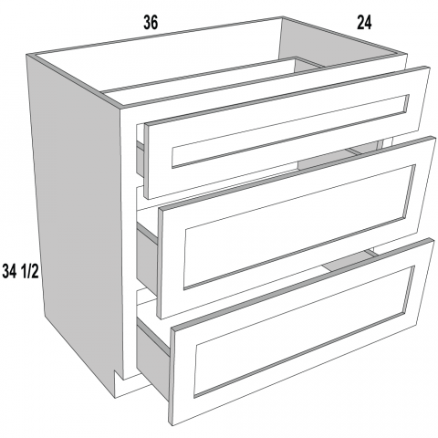 3DB36 - Timeless Sage -  Three Drawer Base Cabinet - 36"W x 34-1/2"H x 24"D -3DR