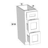 3VDB12 - Stellar White - Three Drawer Vanity Base Cabinet - 12"W x 34-1/2"H x 21"D -3DR