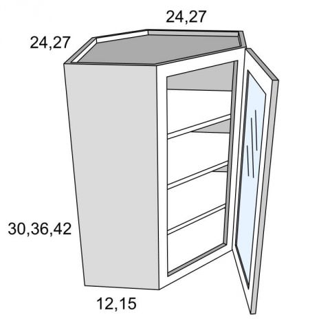 DCW2430GD - White Shaker - Glass Door Diagonal Corner Wall Cabinets with Finished Interior