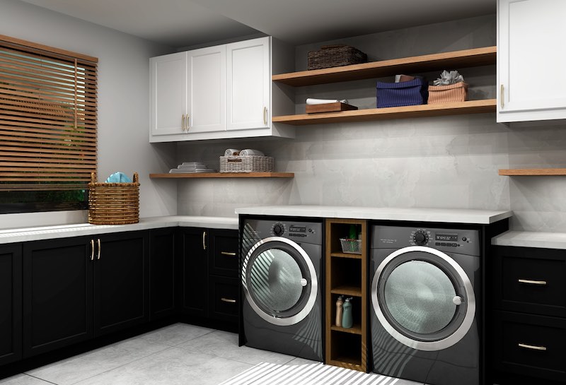 Black and white laundry room cabinets