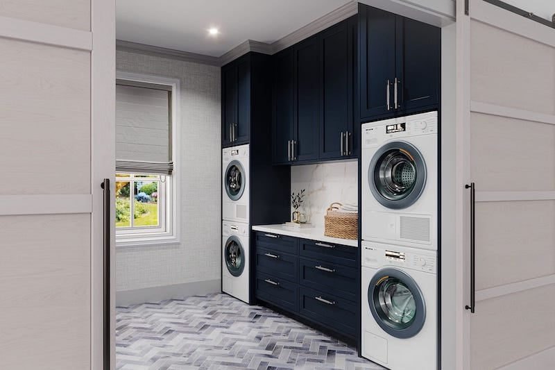 Navy blue laundry room cabinets
